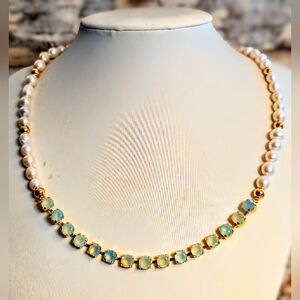 Natural Aqua Chalcedony & Genuine Baroque Pearls In Trendy Gold Necklace